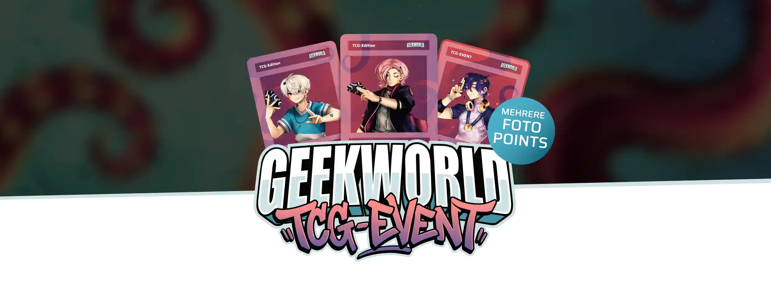 TCG-Event-Hero-Image_Cosplay 2 GEEKWORLD TCG-Event – Logo mit drei Charakter-Trading-Cards